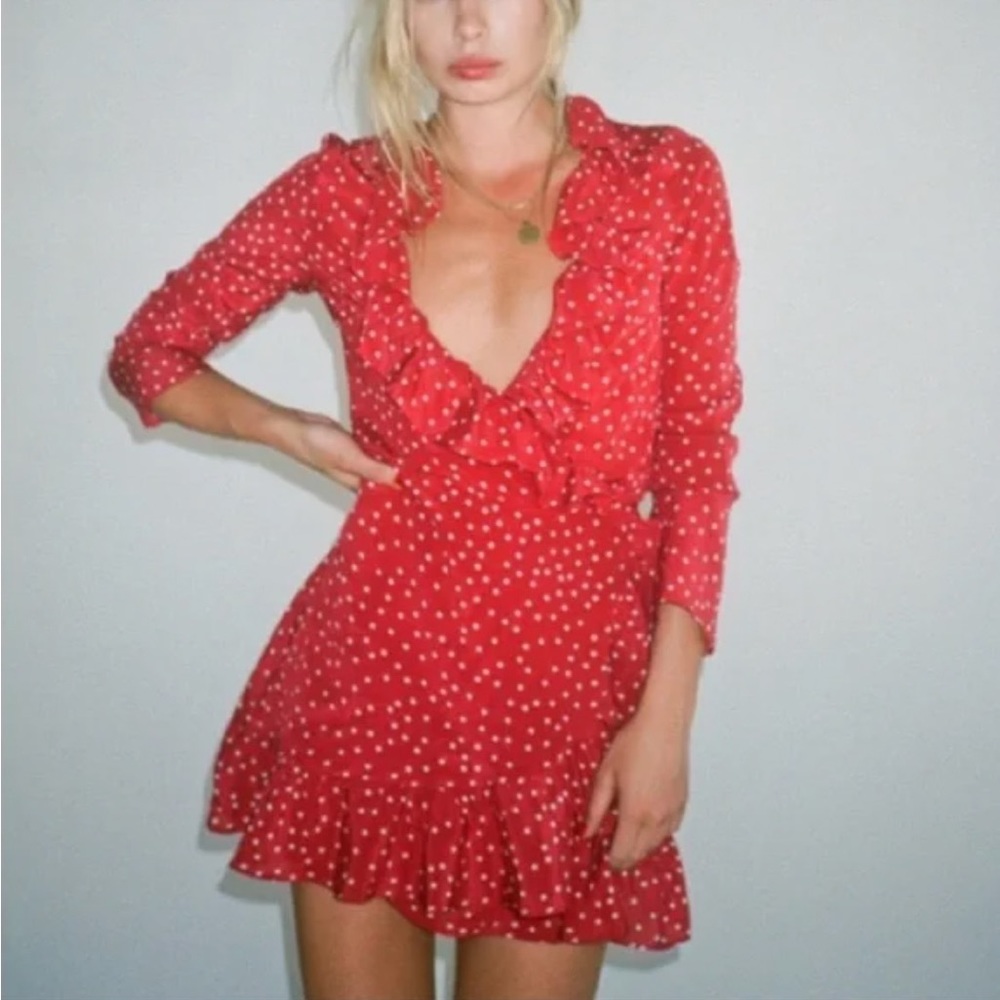 NWT Realisation Par Red Silk Wrap Dress With Stars size L